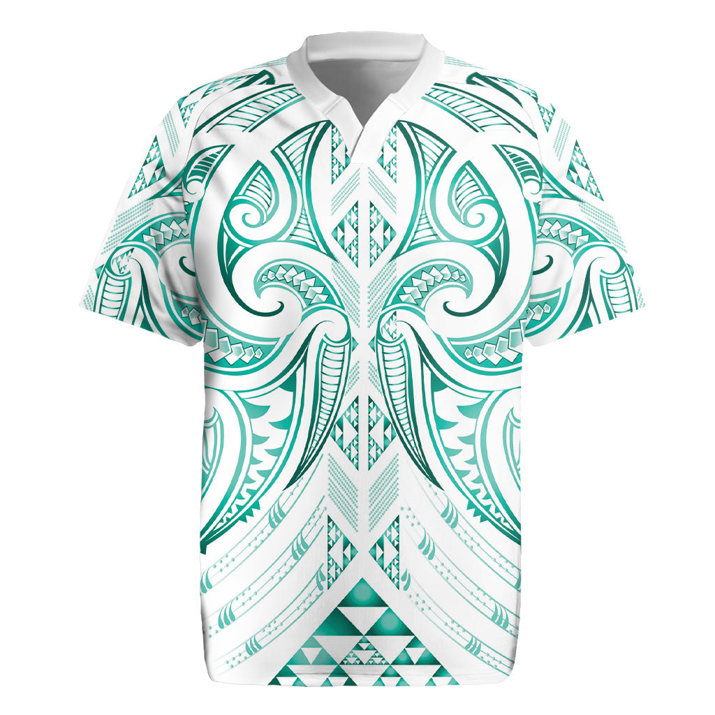 Maori Rugby Custom Ngaru Mangopare Rugby Jersey Karikiorangi Taniwha Motif LT9 Turquoise - Polynesian Pride
