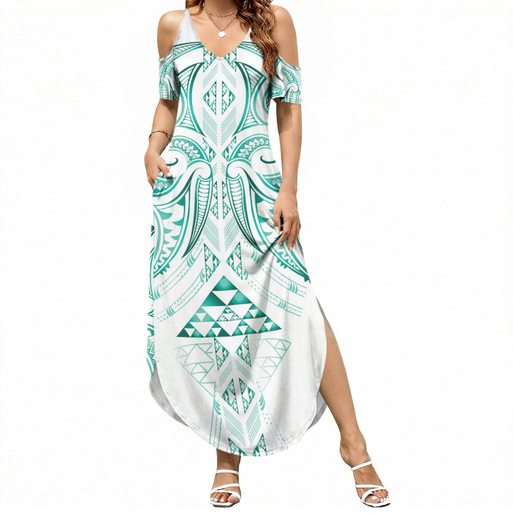 Maori Rugby Custom Ngaru Mangopare Summer Maxi Dress Karikiorangi Taniwha Motif LT9 Women Turquoise - Polynesian Pride