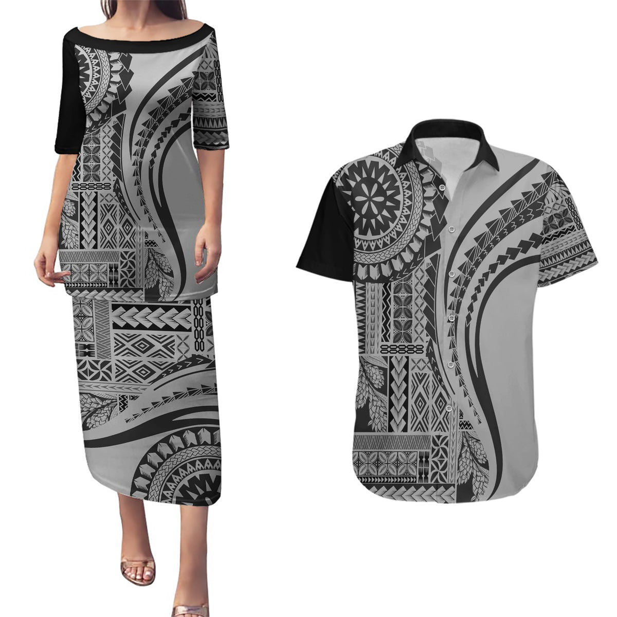 Samoa Siapo Arty Couples Matching Puletasi Dress and Hawaiian Shirt Black Style LT9 Black - Polynesian Pride