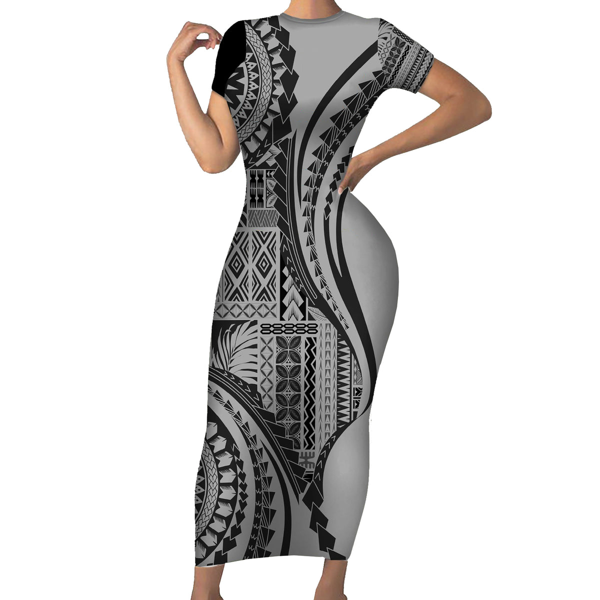 Samoa Siapo Arty Family Matching Short Sleeve Bodycon Dress and Hawaiian Shirt Black Style LT9 Mom's Dress Black - Polynesian Pride