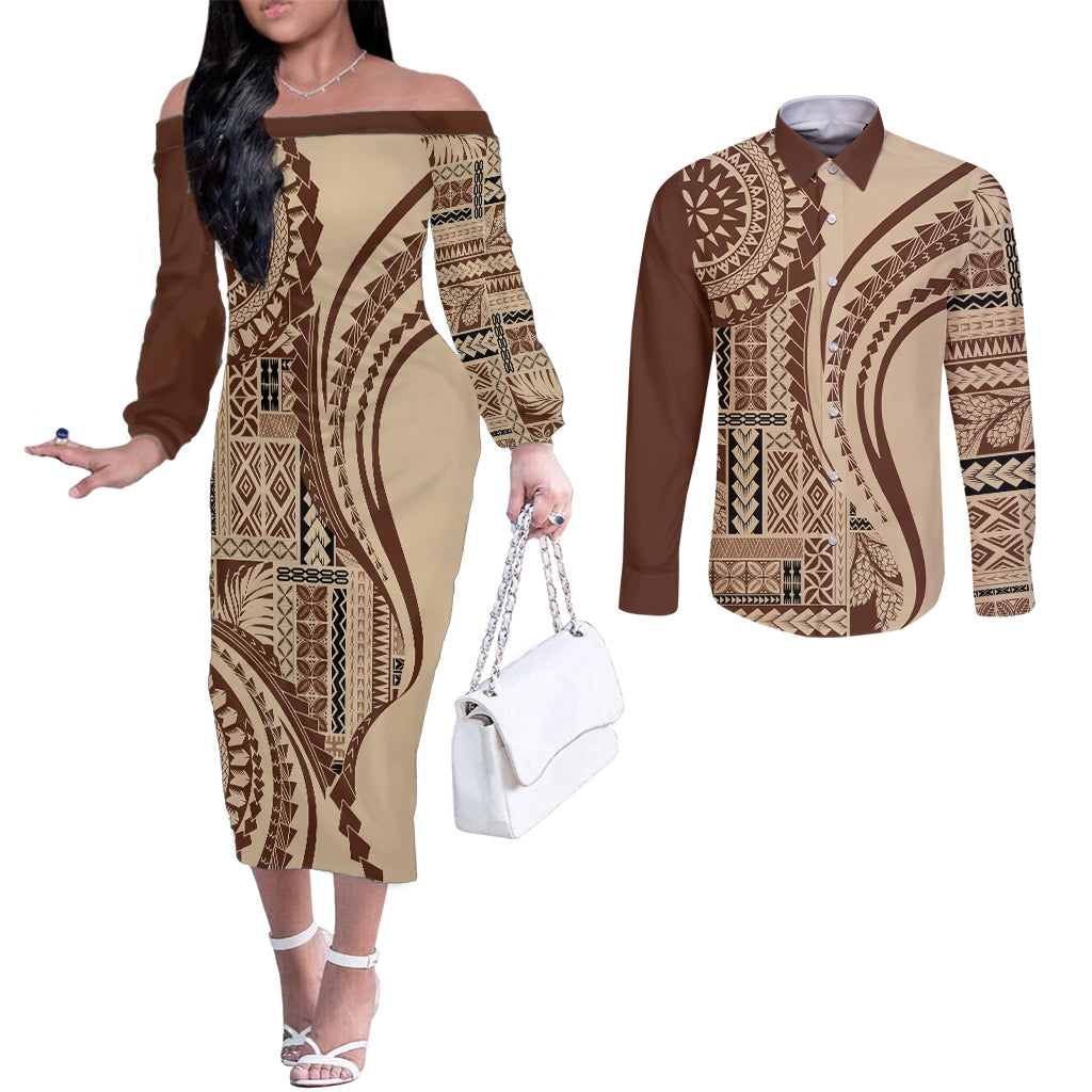 Samoa Siapo Arty Couples Matching Off The Shoulder Long Sleeve Dress and Long Sleeve Button Shirt Brown Style LT9 Brown - Polynesian Pride
