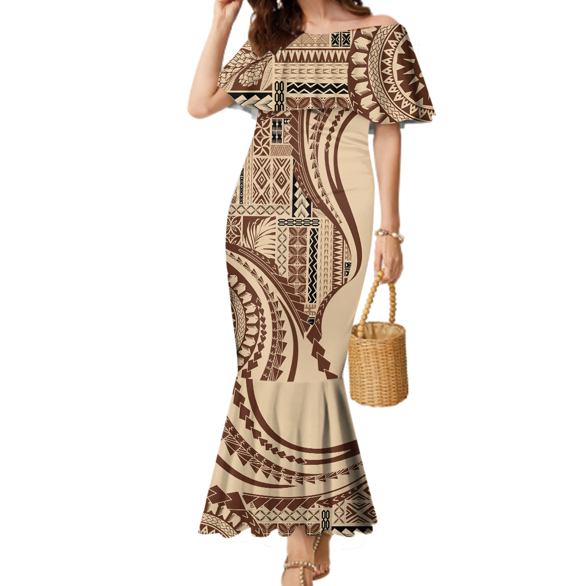 Samoa Siapo Arty Family Matching Mermaid Dress and Hawaiian Shirt Brown Style LT9 Mom's Dress Brown - Polynesian Pride