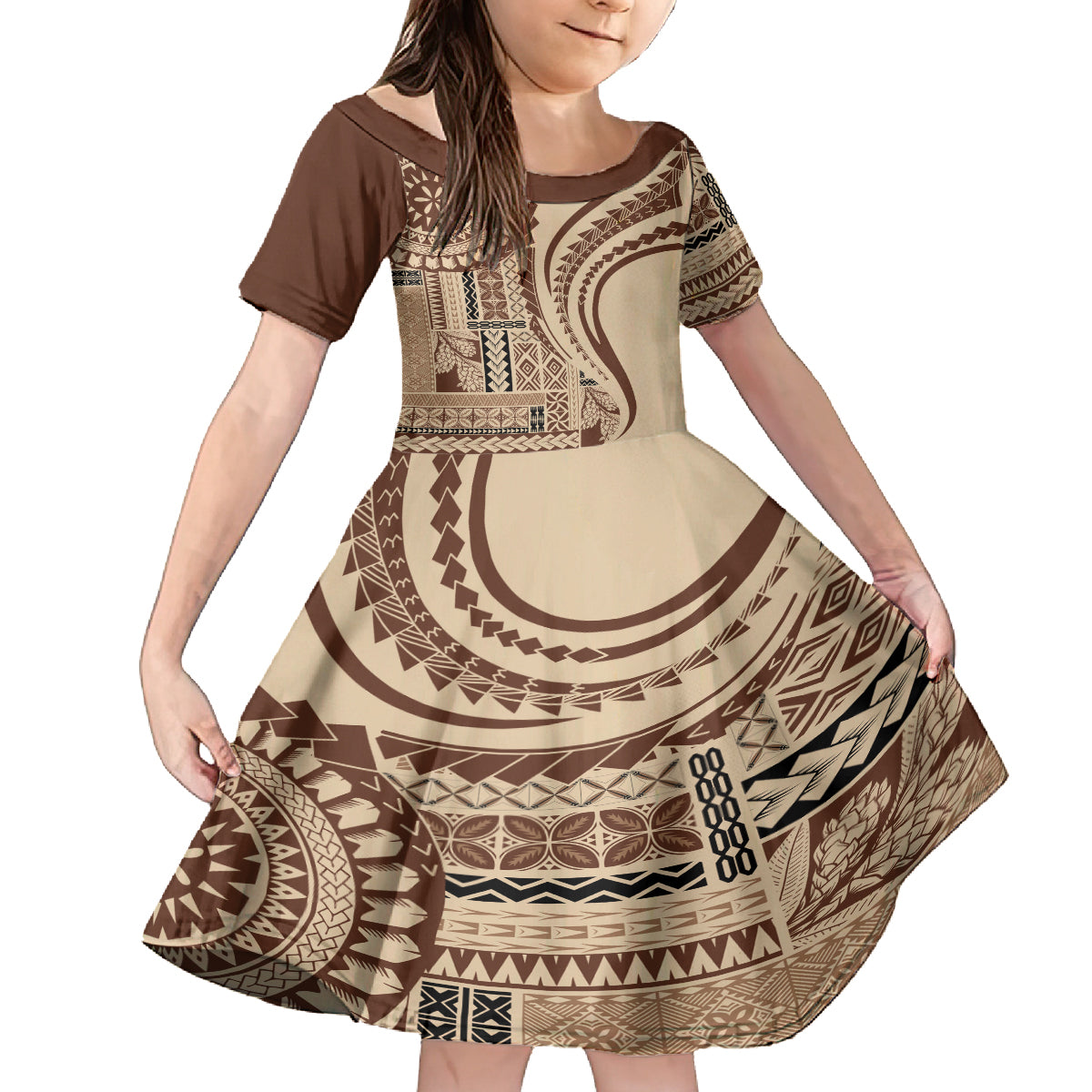 Samoa Siapo Arty Family Matching Tank Maxi Dress and Hawaiian Shirt Brown Style LT9 Daughter's Dress Brown - Polynesian Pride