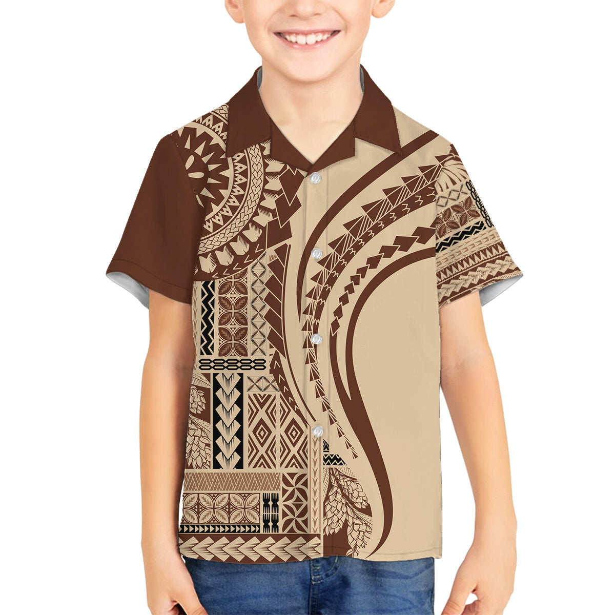 Samoa Siapo Arty Family Matching Tank Maxi Dress and Hawaiian Shirt Brown Style LT9 Son's Shirt Brown - Polynesian Pride
