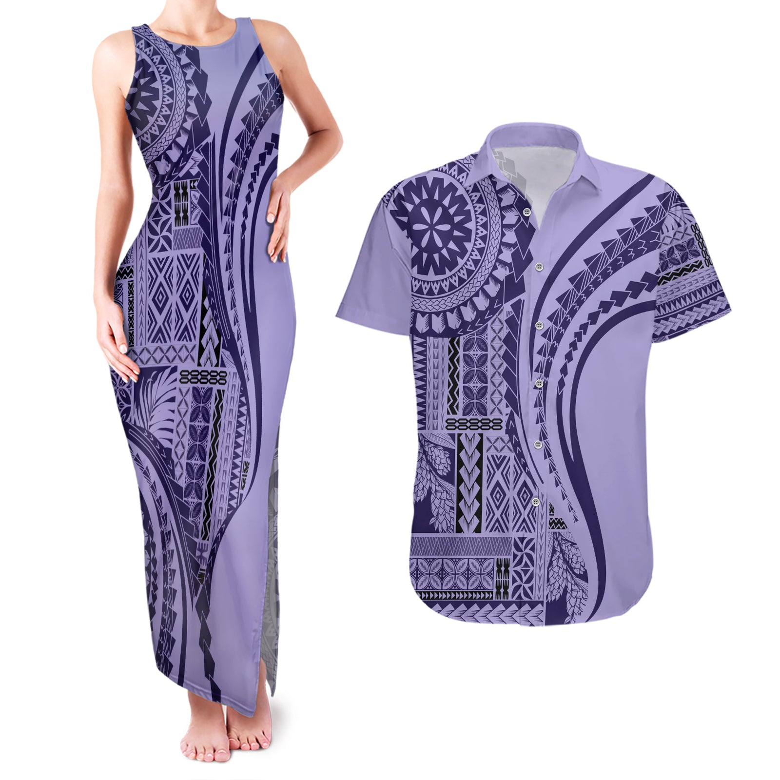 Samoa Siapo Arty Couples Matching Tank Maxi Dress and Hawaiian Shirt Purple Style LT9 Purple - Polynesian Pride