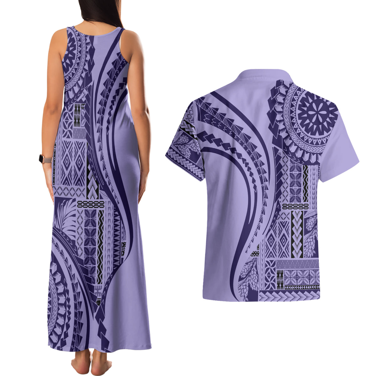 Samoa Siapo Arty Couples Matching Tank Maxi Dress and Hawaiian Shirt Purple Style LT9 - Polynesian Pride