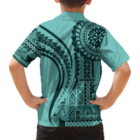 Samoa Siapo Arty Family Matching Off Shoulder Short Dress and Hawaiian Shirt Turquoise Style LT9 - Polynesian Pride