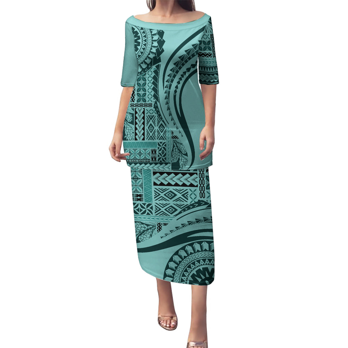 Samoa Siapo Arty Family Matching Puletasi Dress and Hawaiian Shirt Turquoise Style LT9 Mom's Dress Turquoise - Polynesian Pride