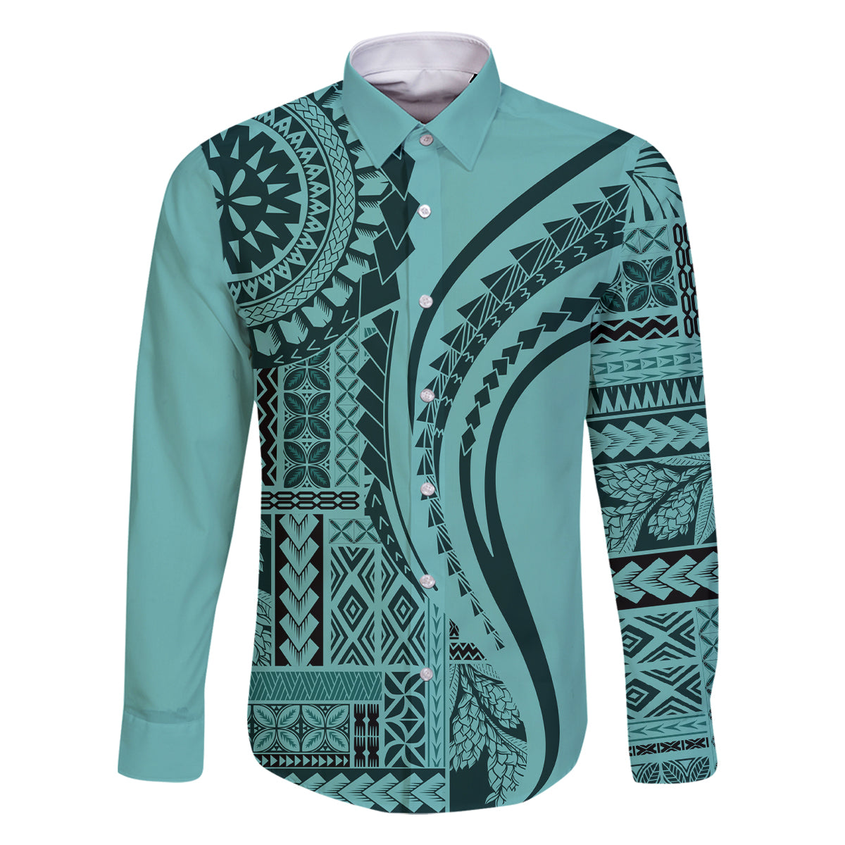 Samoa Siapo Arty Family Matching Summer Maxi Dress and Hawaiian Shirt Turquoise Style LT9 Dad's Shirt - Long Sleeve Turquoise - Polynesian Pride