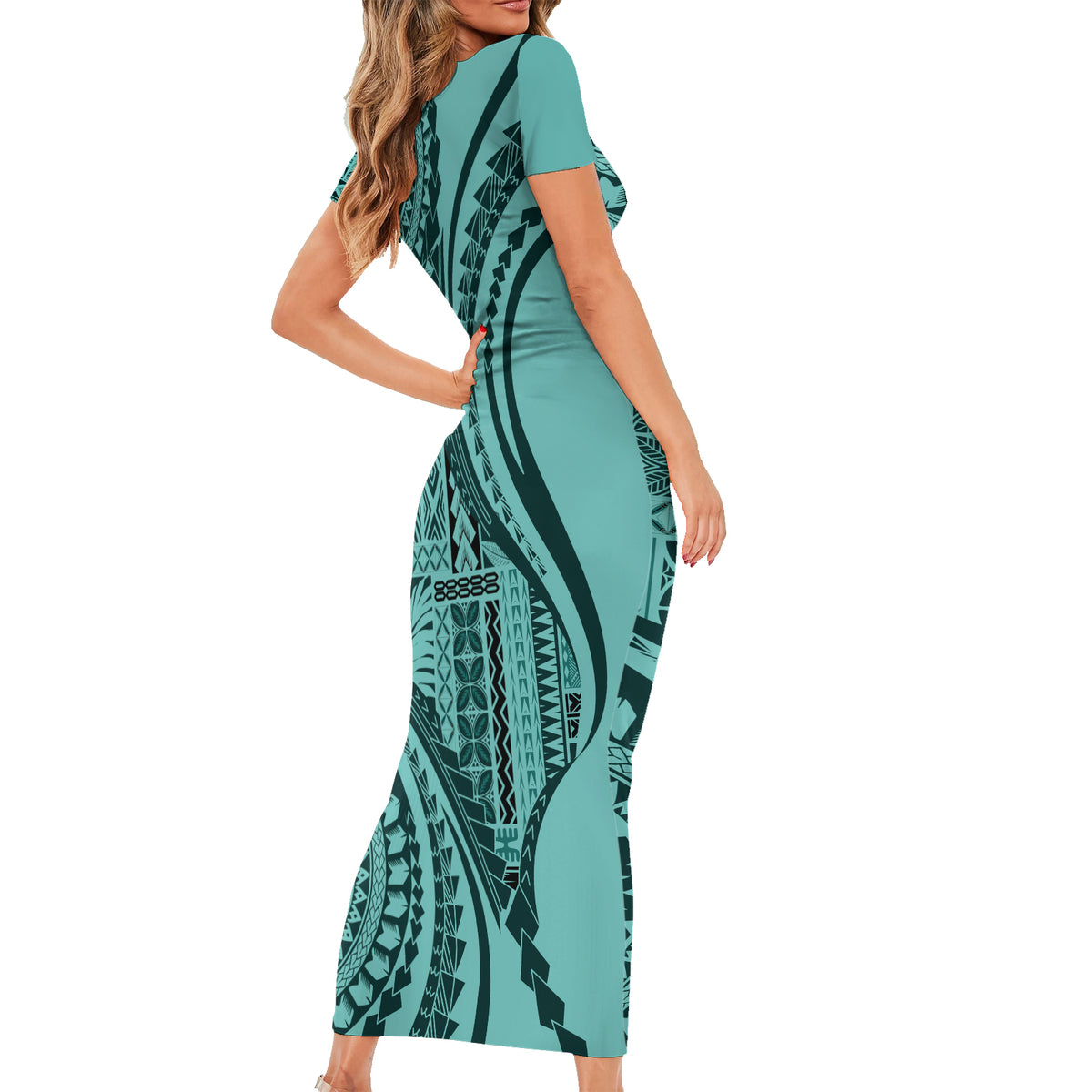 Samoa Siapo Arty Short Sleeve Bodycon Dress Turquoise Style LT9 - Polynesian Pride