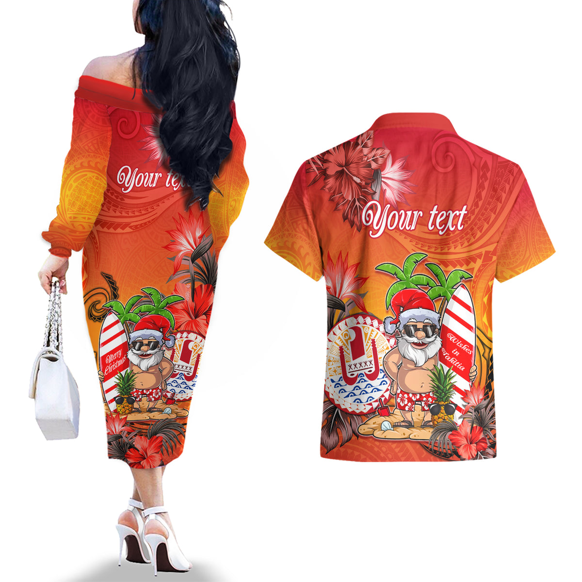 Personalised Wishes in Tahitian Christmas Couples Matching Off The Shoulder Long Sleeve Dress and Hawaiian Shirt French Polynesia Santa Beach LT9 - Polynesian Pride