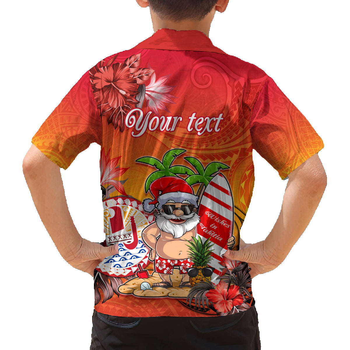 Personalised Wishes in Tahitian Christmas Family Matching Off Shoulder Short Dress and Hawaiian Shirt French Polynesia Santa Beach LT9 - Polynesian Pride