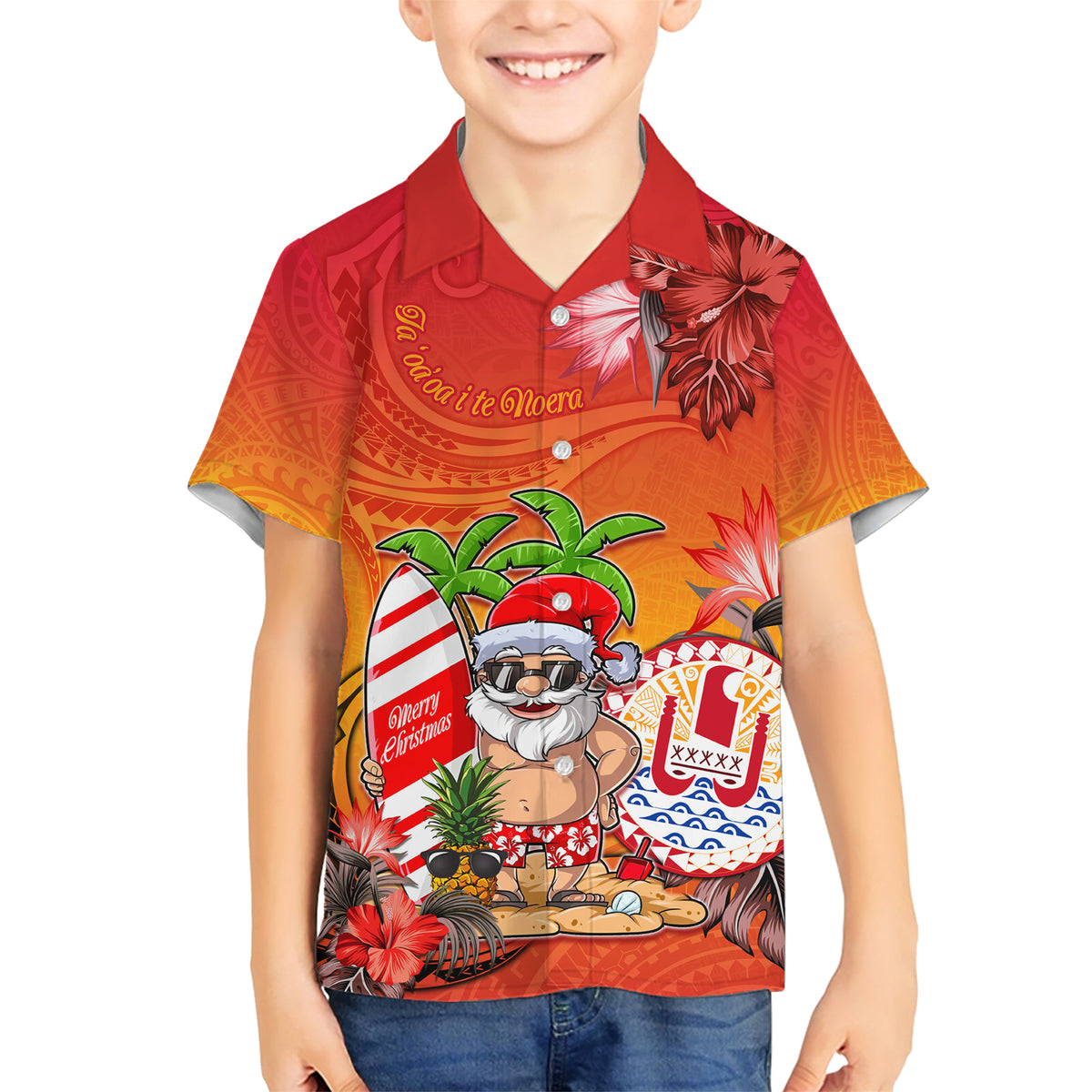 Personalised Wishes in Tahitian Christmas Family Matching Short Sleeve Bodycon Dress and Hawaiian Shirt French Polynesia Santa Beach LT9 Son's Shirt Red - Polynesian Pride