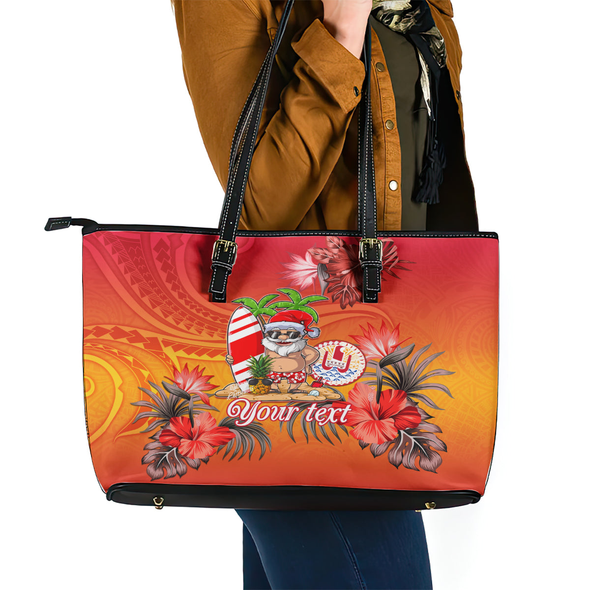 Personalised Wishes in Tahitian Christmas Leather Tote Bag French Polynesia Santa Beach LT9 - Polynesian Pride