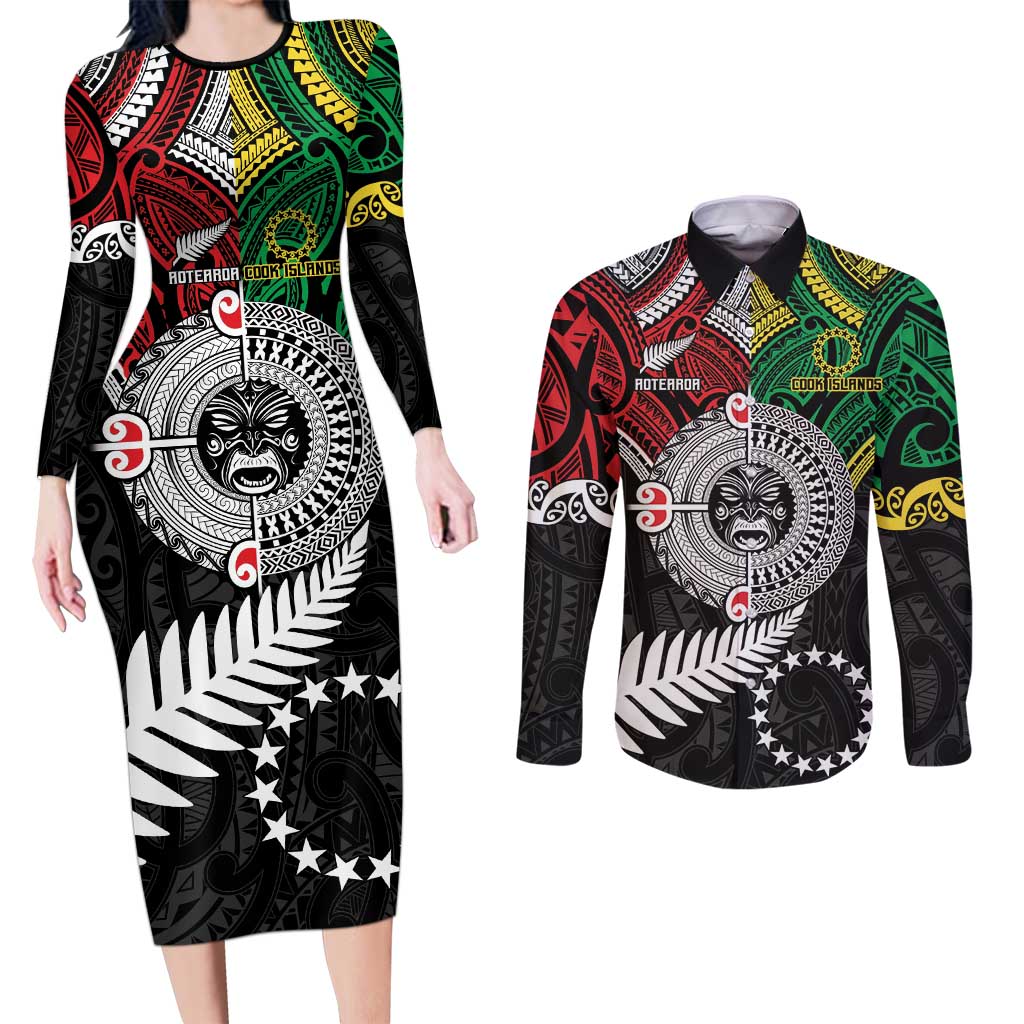 Aotearoa and Cook Islands Mo Te Tiriti Couples Matching Long Sleeve Bodycon Dress and Long Sleeve Button Shirt New Zealand Honour The Treaty Ake!Ake!Ake!