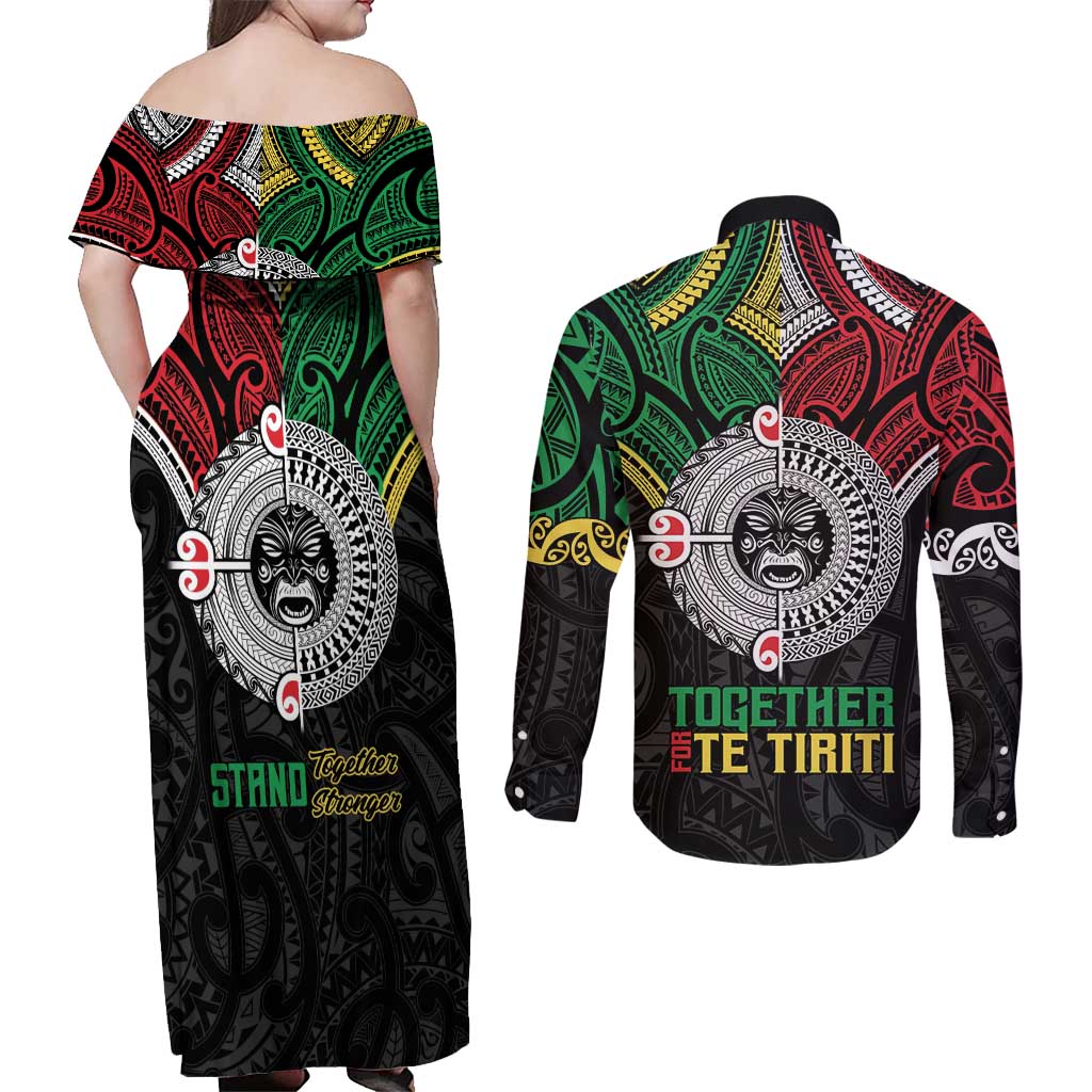Aotearoa and Cook Islands Mo Te Tiriti Couples Matching Off Shoulder Maxi Dress and Long Sleeve Button Shirt New Zealand Honour The Treaty Ake!Ake!Ake!