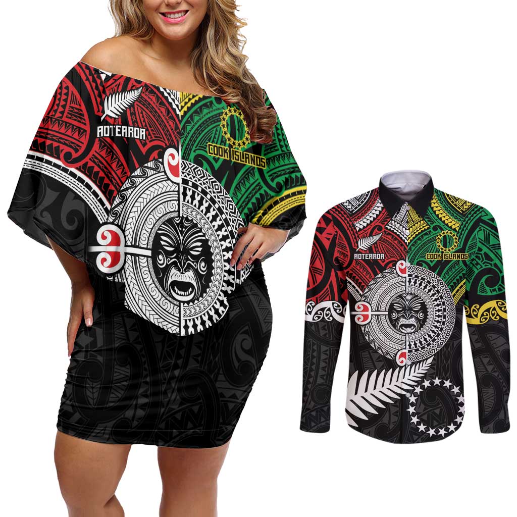 Aotearoa and Cook Islands Mo Te Tiriti Couples Matching Off Shoulder Short Dress and Long Sleeve Button Shirt New Zealand Honour The Treaty Ake!Ake!Ake!