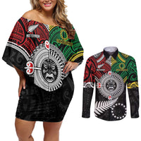 Aotearoa and Cook Islands Mo Te Tiriti Couples Matching Off Shoulder Short Dress and Long Sleeve Button Shirt New Zealand Honour The Treaty Ake!Ake!Ake!