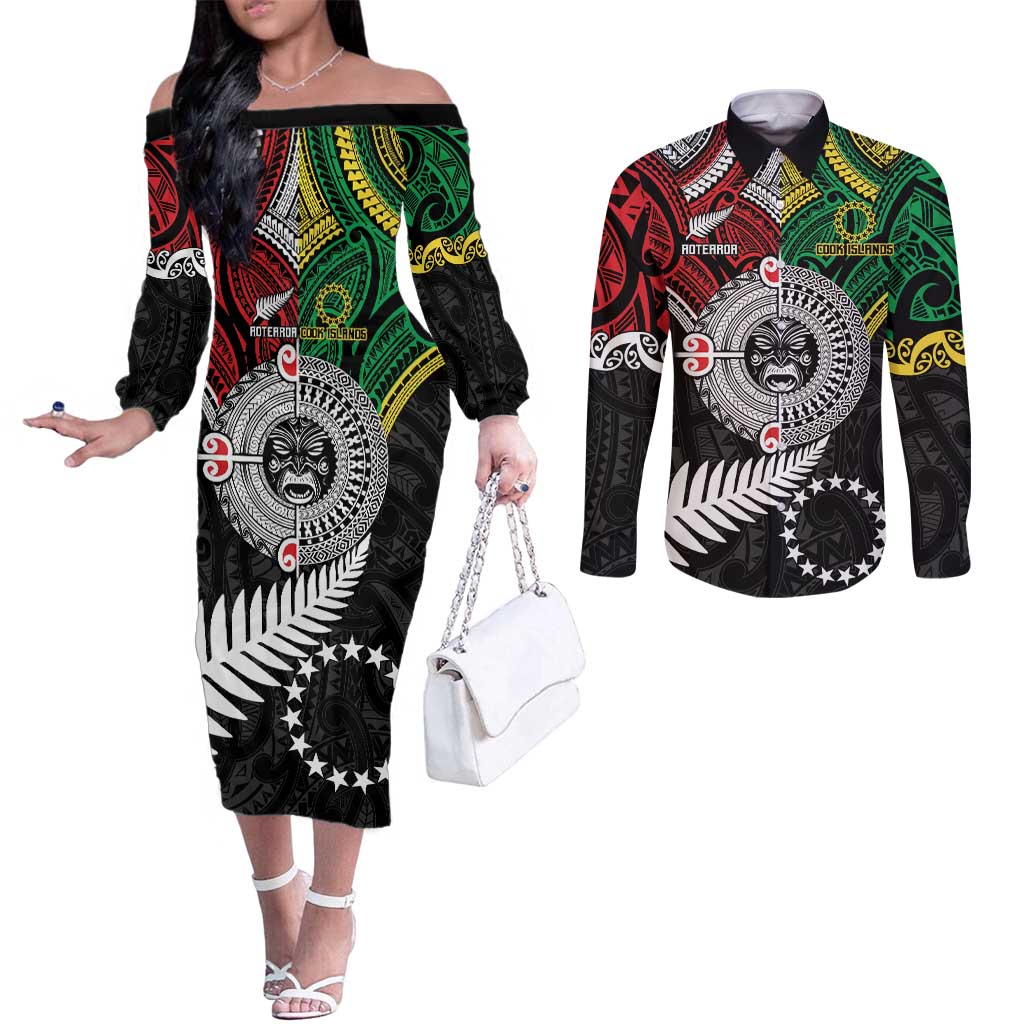 Aotearoa and Cook Islands Mo Te Tiriti Couples Matching Off The Shoulder Long Sleeve Dress and Long Sleeve Button Shirt New Zealand Honour The Treaty Ake!Ake!Ake!