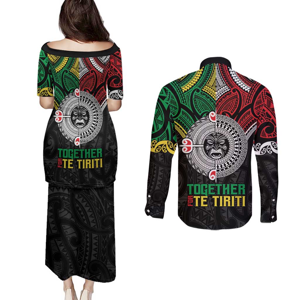 Aotearoa and Cook Islands Mo Te Tiriti Couples Matching Puletasi and Long Sleeve Button Shirt New Zealand Honour The Treaty Ake!Ake!Ake!