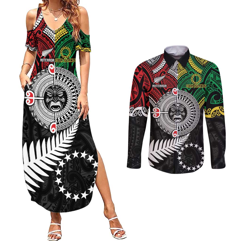 Aotearoa and Cook Islands Mo Te Tiriti Couples Matching Summer Maxi Dress and Long Sleeve Button Shirt New Zealand Honour The Treaty Ake!Ake!Ake!