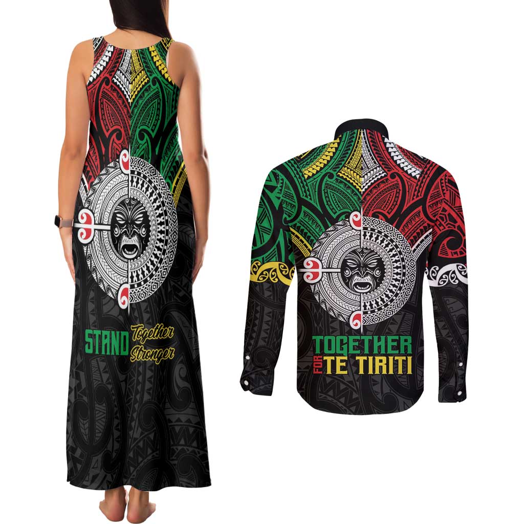 Aotearoa and Cook Islands Mo Te Tiriti Couples Matching Tank Maxi Dress and Long Sleeve Button Shirt New Zealand Honour The Treaty Ake!Ake!Ake!