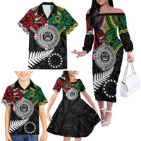 Aotearoa and Cook Islands Mo Te Tiriti Family Matching Off The Shoulder Long Sleeve Dress and Hawaiian Shirt New Zealand Honour The Treaty Ake!Ake!Ake! LT9 - Polynesian Pride