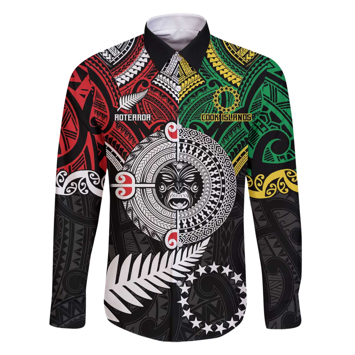 Aotearoa and Cook Islands Mo Te Tiriti Family Matching Off The Shoulder Long Sleeve Dress and Hawaiian Shirt New Zealand Honour The Treaty Ake!Ake!Ake! LT9 Dad's Shirt - Long Sleeve Green - Polynesian Pride