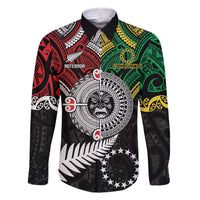Aotearoa and Cook Islands Mo Te Tiriti Family Matching Off The Shoulder Long Sleeve Dress and Hawaiian Shirt New Zealand Honour The Treaty Ake!Ake!Ake! LT9 Dad's Shirt - Long Sleeve Green - Polynesian Pride