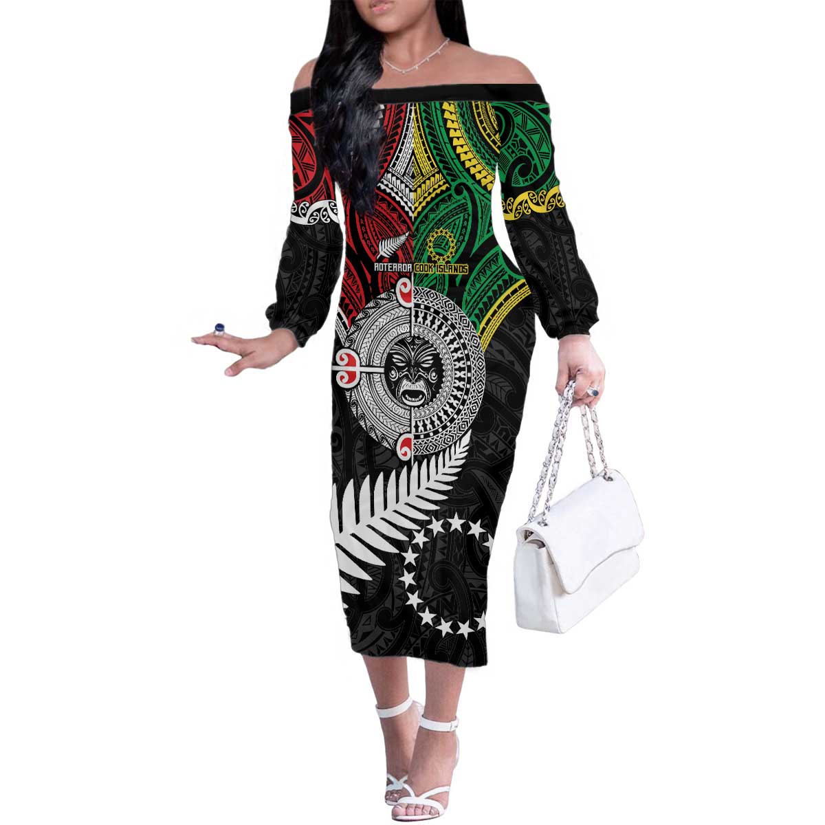 Aotearoa and Cook Islands Mo Te Tiriti Family Matching Off The Shoulder Long Sleeve Dress and Hawaiian Shirt New Zealand Honour The Treaty Ake!Ake!Ake! LT9 Mom's Dress Green - Polynesian Pride