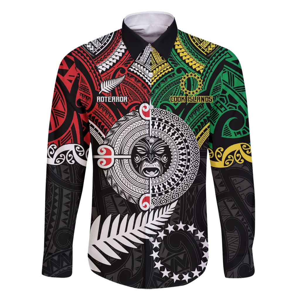Aotearoa and Cook Islands Mo Te Tiriti Family Matching Off Shoulder Maxi Dress and Hawaiian Shirt New Zealand Honour The Treaty Ake!Ake!Ake! LT9 Dad's Shirt - Long Sleeve Green - Polynesian Pride
