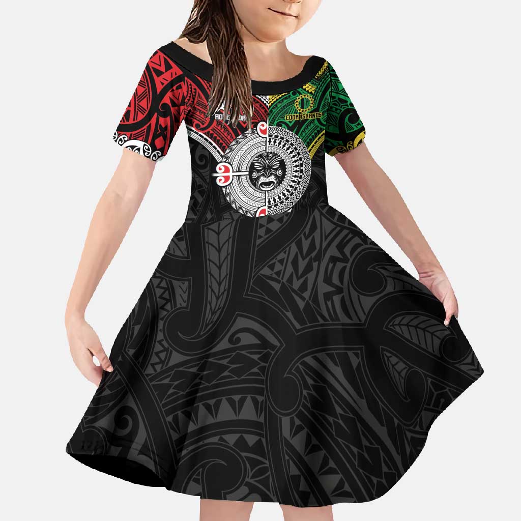 Aotearoa and Cook Islands Mo Te Tiriti Family Matching Short Sleeve Bodycon Dress and Hawaiian Shirt New Zealand Honour The Treaty Ake!Ake!Ake! LT9 Daughter's Dress Green - Polynesian Pride