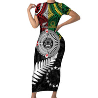 Aotearoa and Cook Islands Mo Te Tiriti Family Matching Short Sleeve Bodycon Dress and Hawaiian Shirt New Zealand Honour The Treaty Ake!Ake!Ake! LT9 Mom's Dress Green - Polynesian Pride