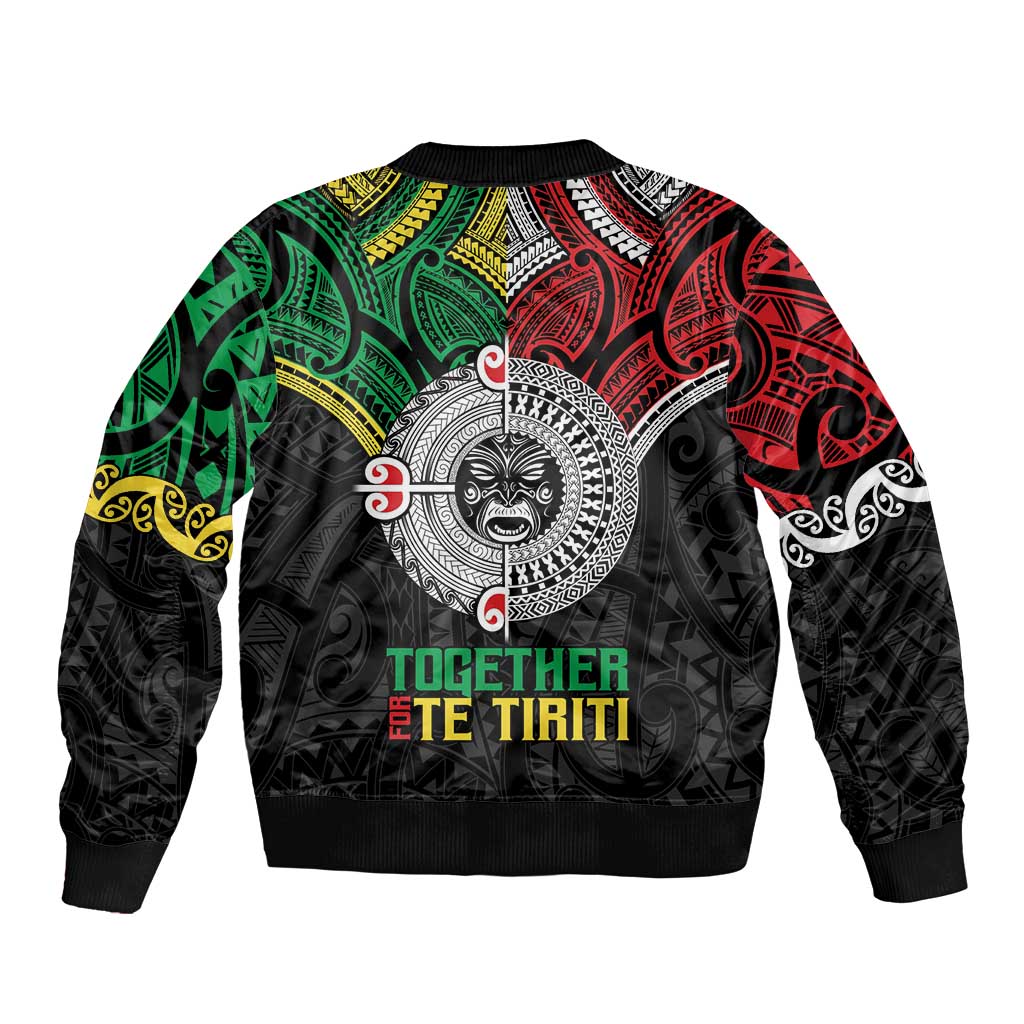 Aotearoa and Cook Islands Mo Te Tiriti Sleeve Zip Bomber Jacket New Zealand Honour The Treaty Ake!Ake!Ake!