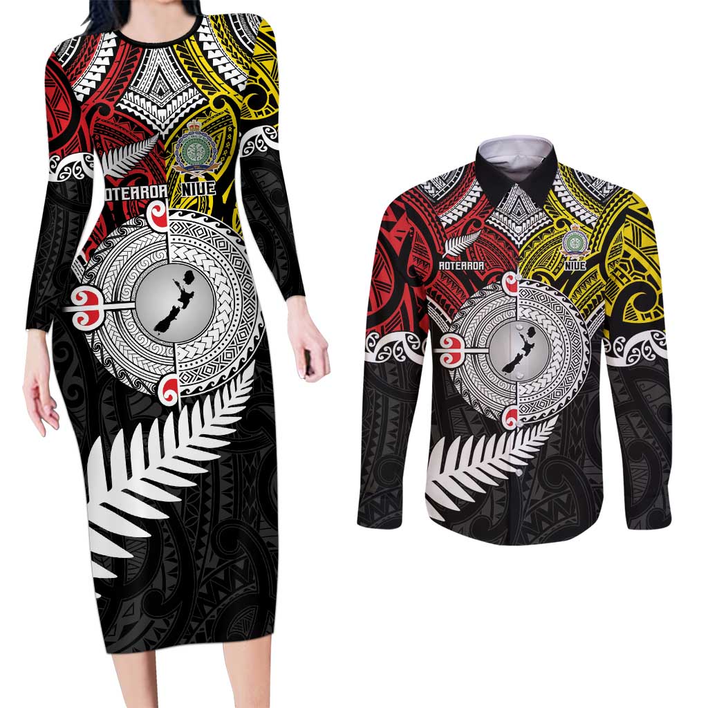 Aotearoa and Niue Mo Te Tiriti Couples Matching Long Sleeve Bodycon Dress and Long Sleeve Button Shirt New Zealand Honour The Treaty Ake!Ake!Ake! LT9 Gold - Polynesian Pride