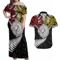 Aotearoa and Niue Mo Te Tiriti Couples Matching Off Shoulder Maxi Dress and Hawaiian Shirt New Zealand Honour The Treaty Ake!Ake!Ake! LT9 Gold - Polynesian Pride