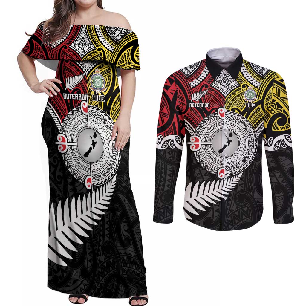 Aotearoa and Niue Mo Te Tiriti Couples Matching Off Shoulder Maxi Dress and Long Sleeve Button Shirt New Zealand Honour The Treaty Ake!Ake!Ake! LT9 Gold - Polynesian Pride