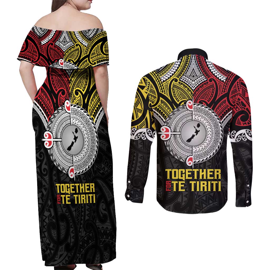 Aotearoa and Niue Mo Te Tiriti Couples Matching Off Shoulder Maxi Dress and Long Sleeve Button Shirt New Zealand Honour The Treaty Ake!Ake!Ake! LT9 - Polynesian Pride
