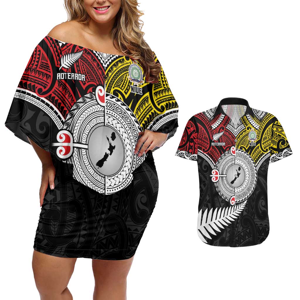 Aotearoa and Niue Mo Te Tiriti Couples Matching Off Shoulder Short Dress and Hawaiian Shirt New Zealand Honour The Treaty Ake!Ake!Ake! LT9 Gold - Polynesian Pride