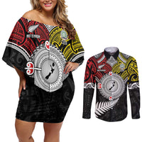 Aotearoa and Niue Mo Te Tiriti Couples Matching Off Shoulder Short Dress and Long Sleeve Button Shirt New Zealand Honour The Treaty Ake!Ake!Ake! LT9 Gold - Polynesian Pride