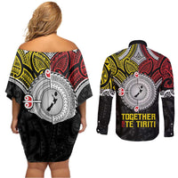 Aotearoa and Niue Mo Te Tiriti Couples Matching Off Shoulder Short Dress and Long Sleeve Button Shirt New Zealand Honour The Treaty Ake!Ake!Ake! LT9 - Polynesian Pride