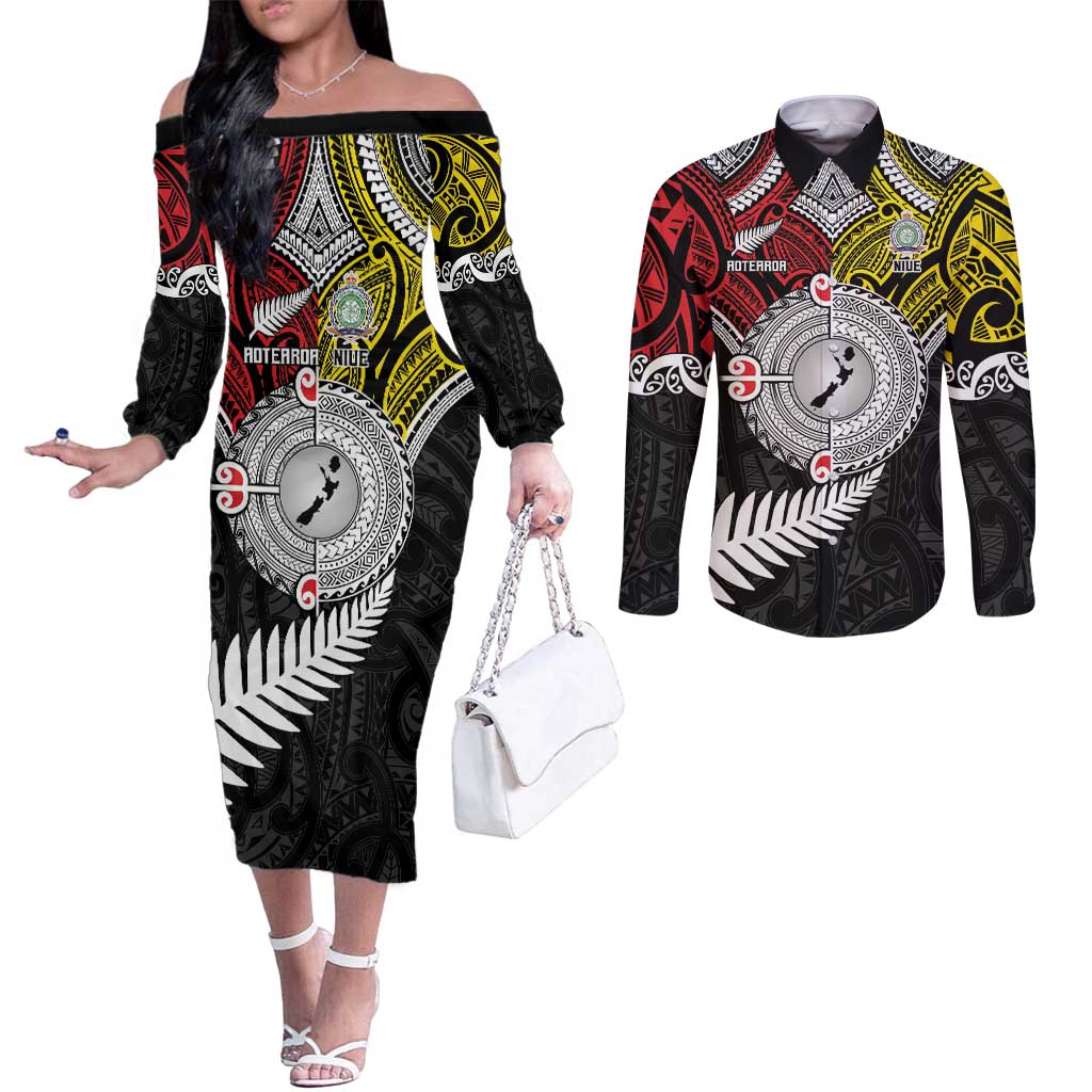 Aotearoa and Niue Mo Te Tiriti Couples Matching Off The Shoulder Long Sleeve Dress and Long Sleeve Button Shirt New Zealand Honour The Treaty Ake!Ake!Ake! LT9 Gold - Polynesian Pride