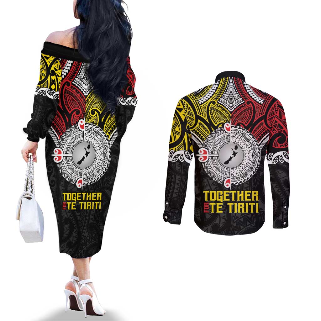 Aotearoa and Niue Mo Te Tiriti Couples Matching Off The Shoulder Long Sleeve Dress and Long Sleeve Button Shirt New Zealand Honour The Treaty Ake!Ake!Ake! LT9 - Polynesian Pride