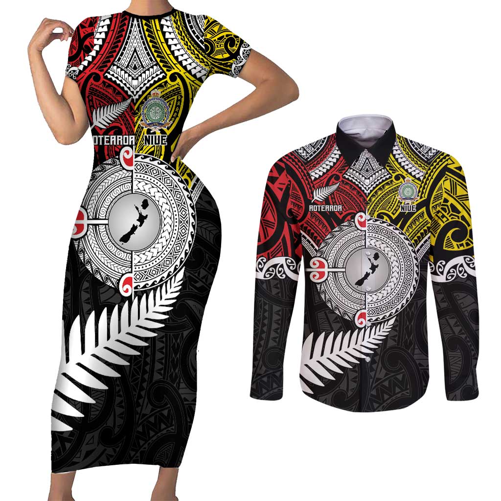 Aotearoa and Niue Mo Te Tiriti Couples Matching Short Sleeve Bodycon Dress and Long Sleeve Button Shirt New Zealand Honour The Treaty Ake!Ake!Ake! LT9 Gold - Polynesian Pride