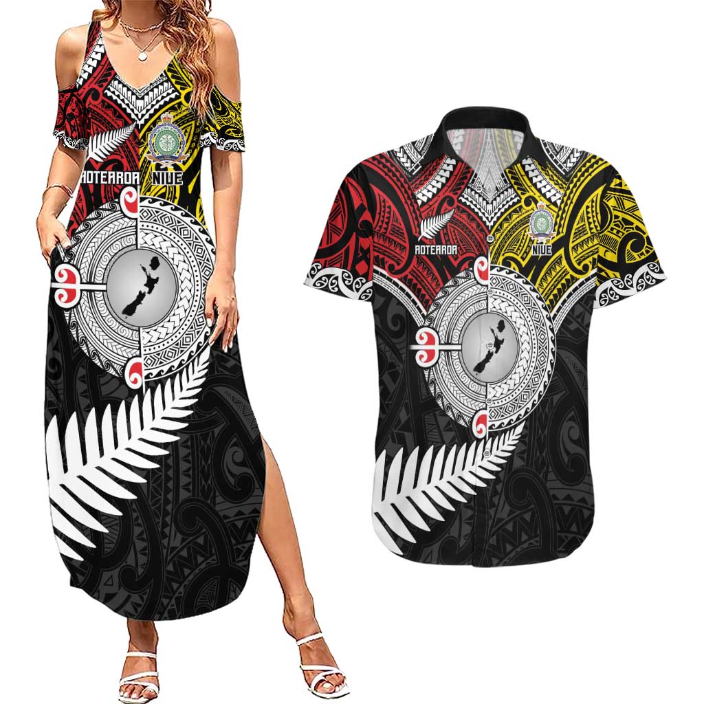 Aotearoa and Niue Mo Te Tiriti Couples Matching Summer Maxi Dress and Hawaiian Shirt New Zealand Honour The Treaty Ake!Ake!Ake! LT9 Gold - Polynesian Pride