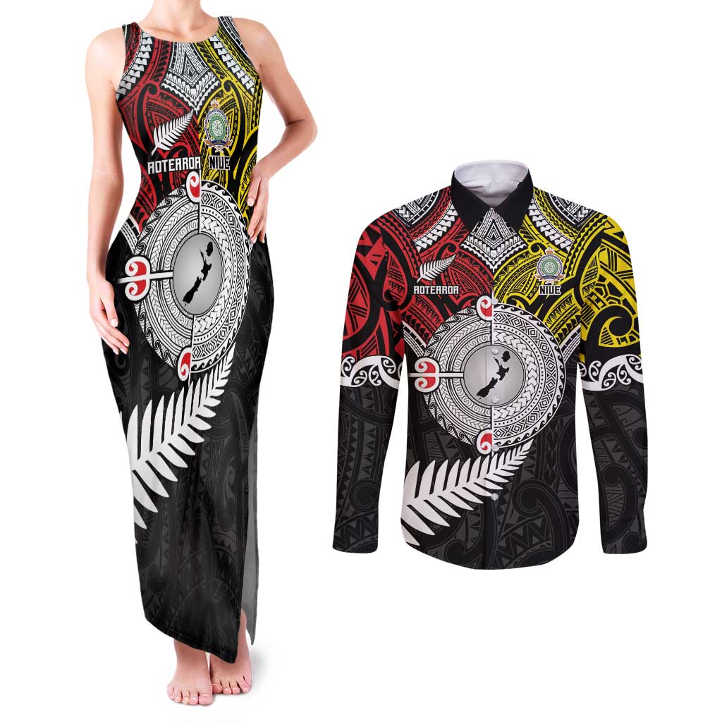 Aotearoa and Niue Mo Te Tiriti Couples Matching Tank Maxi Dress and Long Sleeve Button Shirt New Zealand Honour The Treaty Ake!Ake!Ake! LT9 Gold - Polynesian Pride