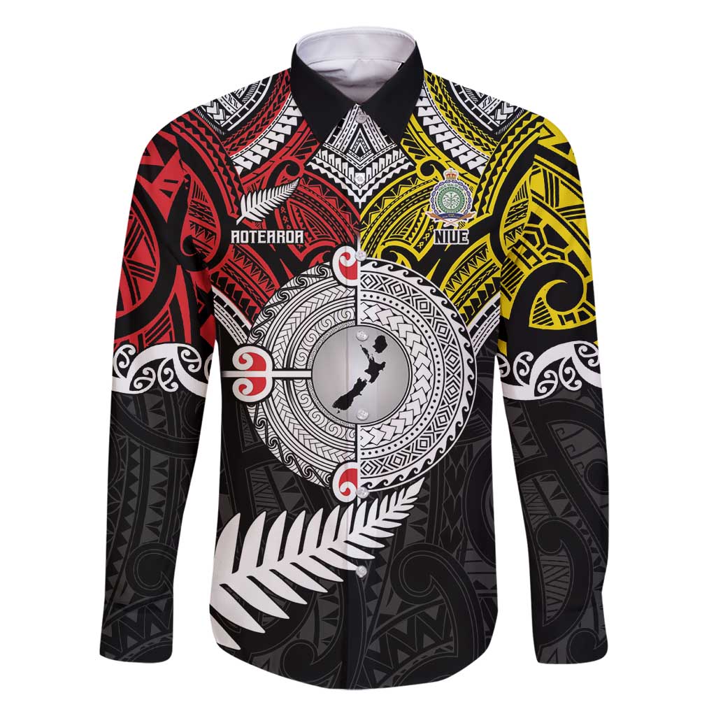 Aotearoa and Niue Mo Te Tiriti Family Matching Long Sleeve Bodycon Dress and Hawaiian Shirt New Zealand Honour The Treaty Ake!Ake!Ake! LT9 Dad's Shirt - Long Sleeve Gold - Polynesian Pride