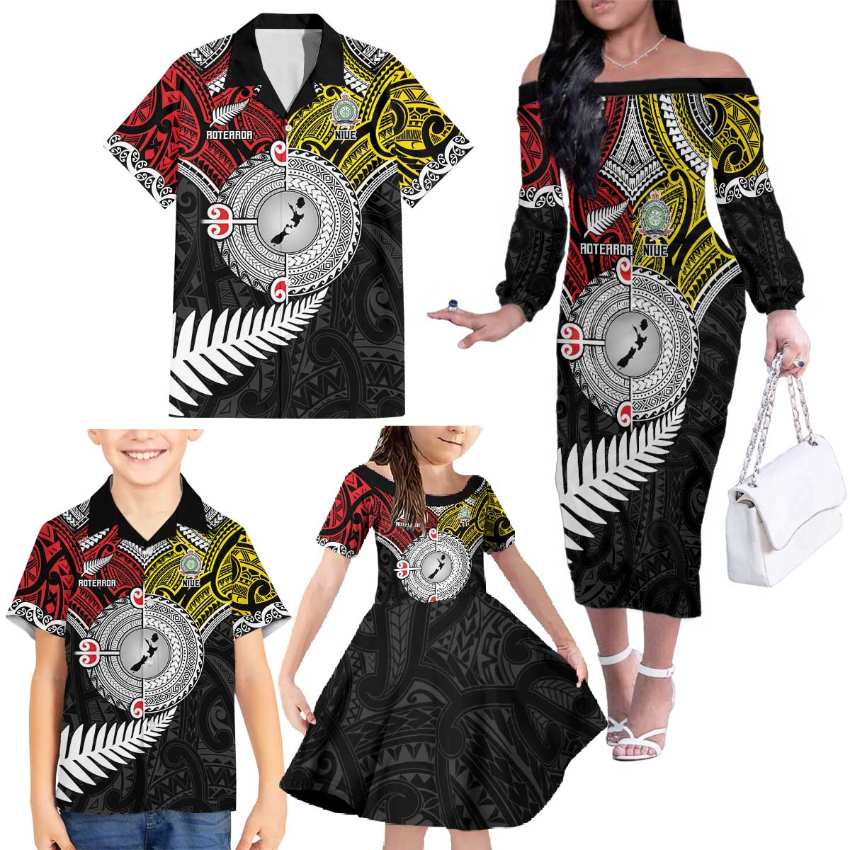 Aotearoa and Niue Mo Te Tiriti Family Matching Off The Shoulder Long Sleeve Dress and Hawaiian Shirt New Zealand Honour The Treaty Ake!Ake!Ake! LT9 - Polynesian Pride