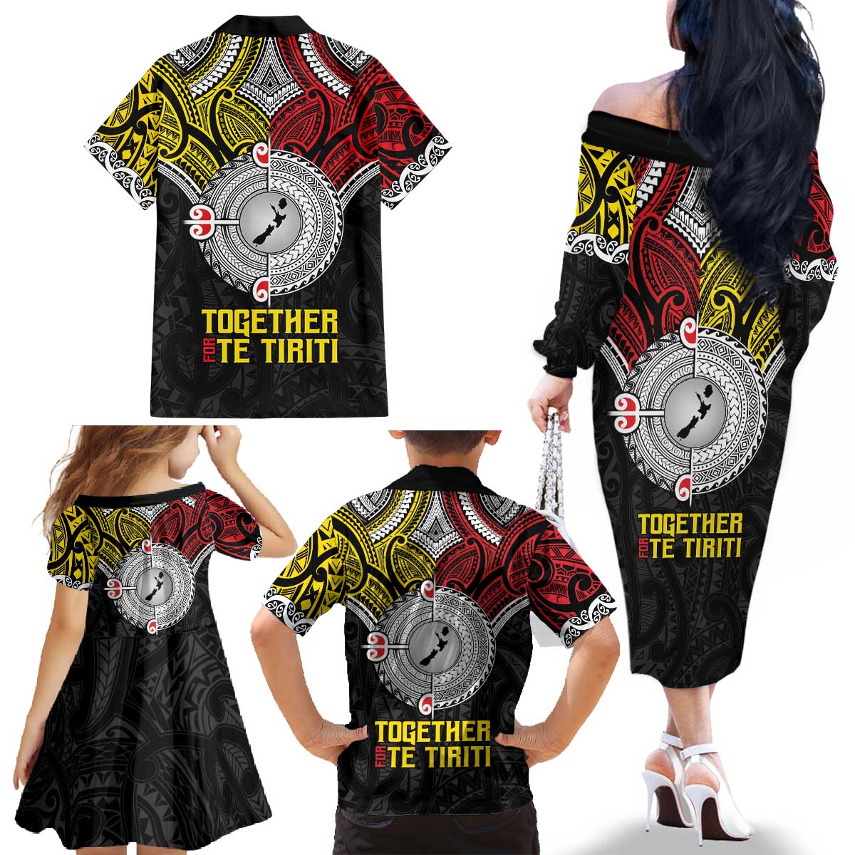 Aotearoa and Niue Mo Te Tiriti Family Matching Off The Shoulder Long Sleeve Dress and Hawaiian Shirt New Zealand Honour The Treaty Ake!Ake!Ake! LT9 - Polynesian Pride
