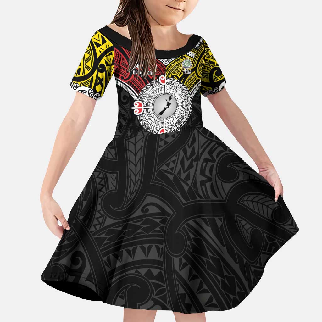 Aotearoa and Niue Mo Te Tiriti Family Matching Off Shoulder Maxi Dress and Hawaiian Shirt New Zealand Honour The Treaty Ake!Ake!Ake! LT9 Daughter's Dress Gold - Polynesian Pride